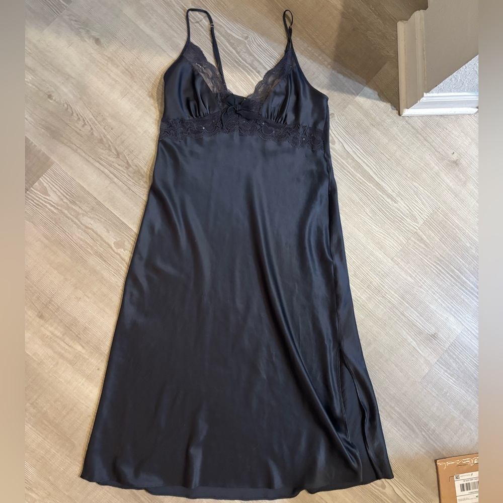 Gray Midi Satin Night Gown Slip Lace